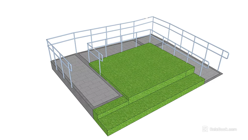 White Railing Fence Surrounding Green Lawn Area With Gray Pavement Steps 3d model 