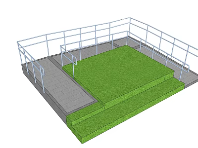 White Railing Fence Surrounding Green Lawn Area With Gray Pavement Steps 3d model