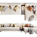 Beige L Shaped Sectional Sofa With Multiple Cushions And Side Table Lamp 3d model