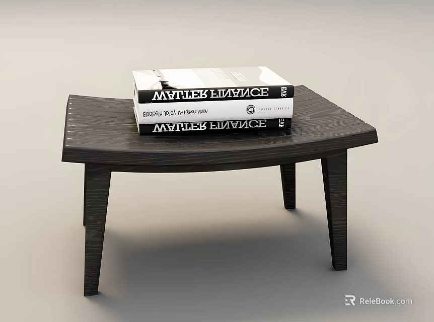 Modern Black Wooden Stool With Curved Seat And Stack Of Masterpiece Books 3d model 