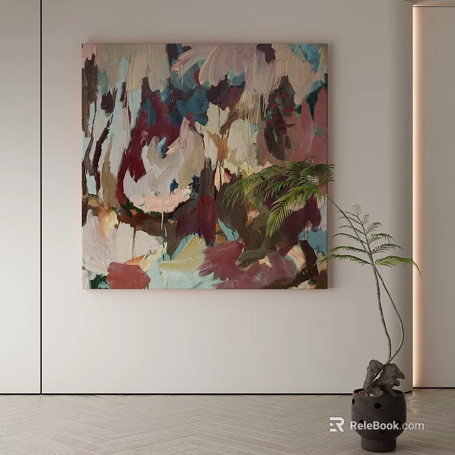 Abstract Painting Wall Art With Colorful Brush Strokes And Green Plant Decoration 3d model 