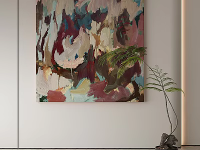Abstract Painting Wall Art With Colorful Brush Strokes And Green Plant Decoration 3d model