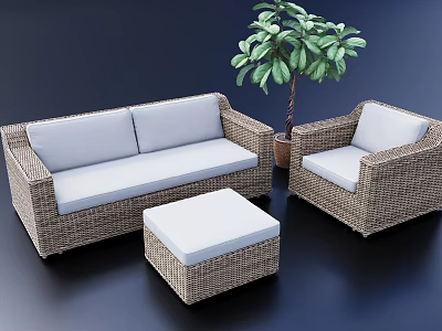 Rattan Sofa Coffee Table Combination with White Cushions and Matching Chair and Green Decorative Plant 3d model