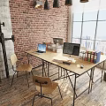 Industrial Office Space With Exposed Brick Wall Wooden Floor Sofa Bookshelf And Pendant Lights