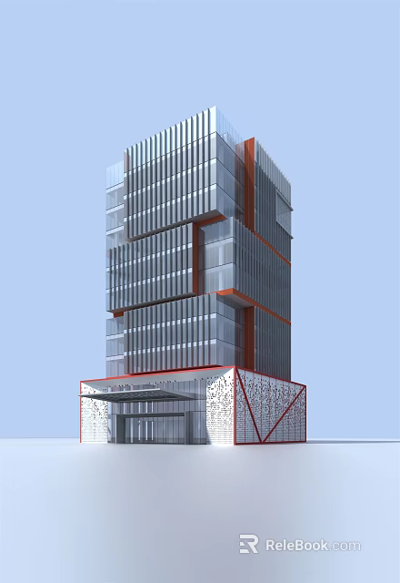 Modern Multi Story Office Building With Glass Curtain Walls Red Decorative Lines And Designed Entrance 3d model 