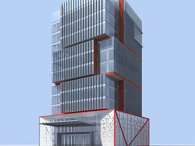 Modern Multi Story Office Building With Glass Curtain Walls Red Decorative Lines And Designed Entrance 3d model