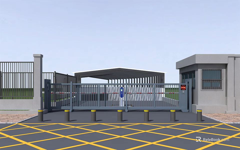 Modern Entrance Gate With Automatic Barrier Security Booth And Yellow Grid Floor 3d model 