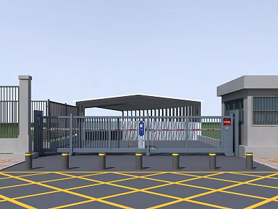 Modern Entrance Gate With Automatic Barrier Security Booth And Yellow Grid Floor 3d model