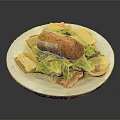 Crusty Bread Ham And Cheese Sandwich With Fresh Lettuce On White Plate