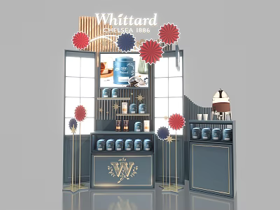 Whittard Established 1886 Display Stand With Product Shelves And Decorative Flowers 3d model