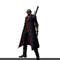 Silver Haired Game Character In Black Red Coat Holding Long Sword Standing Pose 3d model