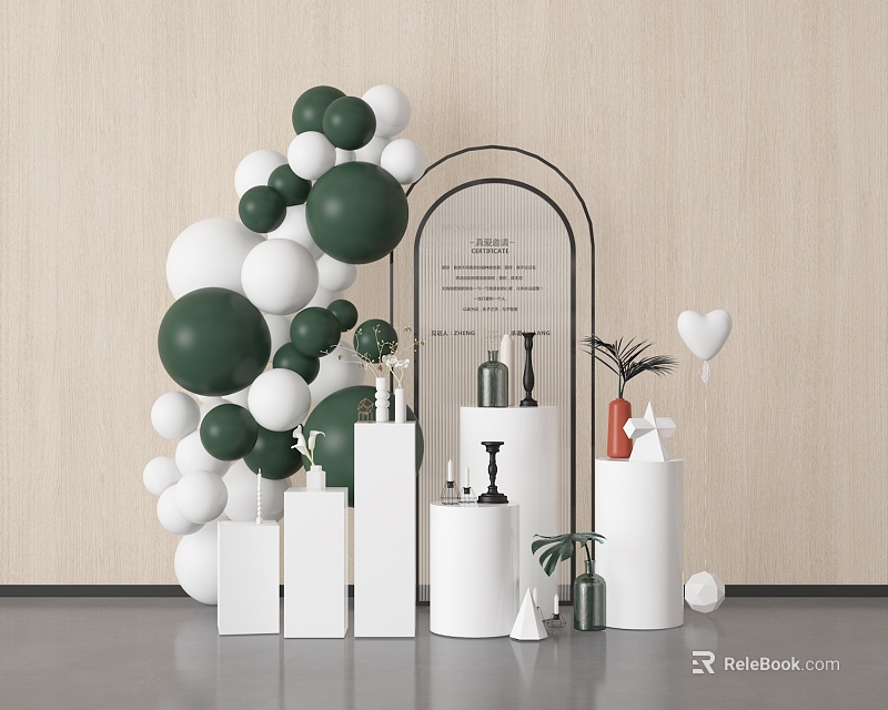 Window Display Decoration With Green White Balloons Arched Frame Green Plants And White Pedestals 3d model 