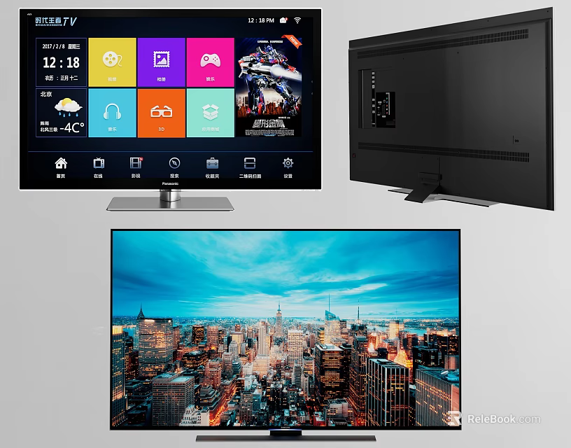 Smart HD TV With City Night View Display And App Icons On Slim Black Screen 3d model 