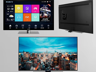 Smart HD TV With City Night View Display And App Icons On Slim Black Screen 3d model