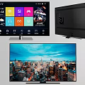 Smart HD TV With City Night View Display And App Icons On Slim Black Screen