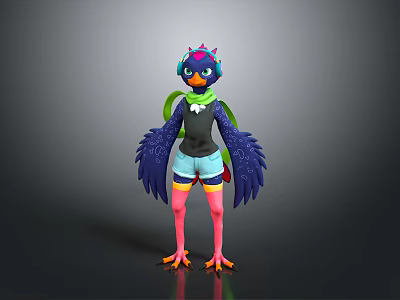 Colorful Cartoon Bird Character With Purple Head Blue Wings Green Scarf And Black Top 3d model