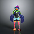 Colorful Cartoon Bird Character With Purple Head Blue Wings Green Scarf And Black Top