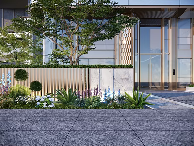 Landscape Feature Wall Design With Lush Plants Colorful Flowers And Modern Building Facade 3d model