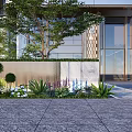 Landscape Feature Wall Design With Lush Plants Colorful Flowers And Modern Building Facade