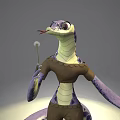 3D Anthropomorphic Lizard Creature Wearing Brown Outfit Holding Microphone Like Object With Purple Yellow Patterns