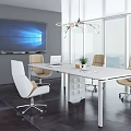 Modern Office with Large Windows City View White Desk Beige Office Chairs And Storage Cabinet