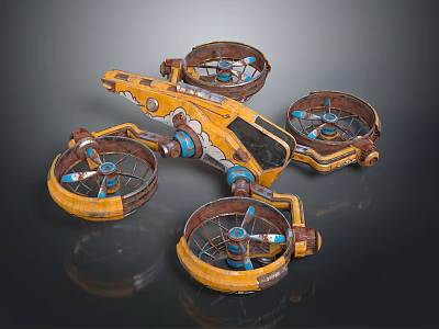 Yellow Multi Rotor Aerial Craft with Four Propellers and Orange Blue Accents in Vintage Design 3d model