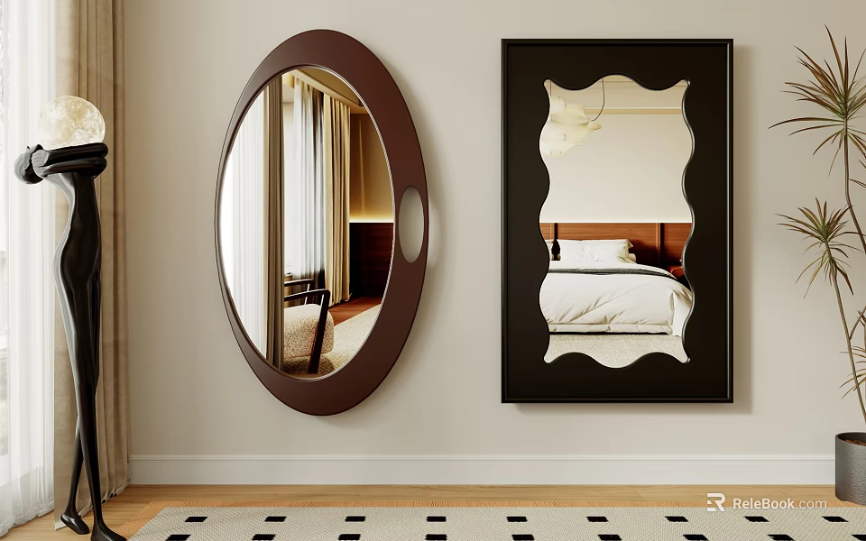 Oval And Rectangular Wall Mounted Mirrors With Brown And Black Frames In Interior 3d model 