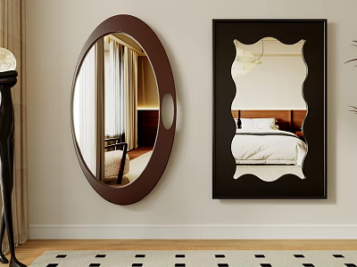 Oval And Rectangular Wall Mounted Mirrors With Brown And Black Frames In Interior 3d model