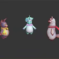 Three Cute Colorful Cartoon Toy Figurines With Scarf Horn And Character Details