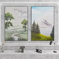 Two Landscape Paintings with Trees Path Clouds Lake Pine Trees Mountains and Grass 3d model