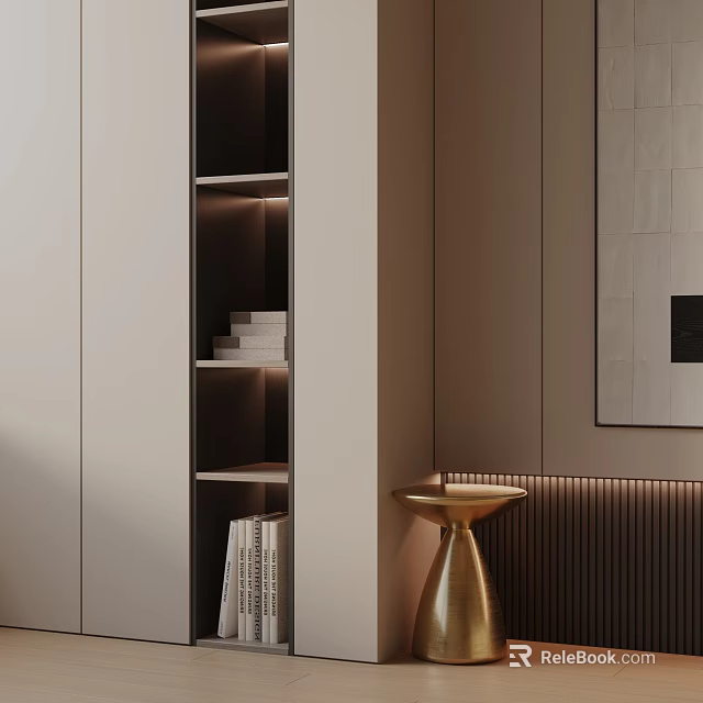 Stylish Golden Metallic Pedestal Side Table In Modern Living Room With Shelves And Wall Art 3d model 