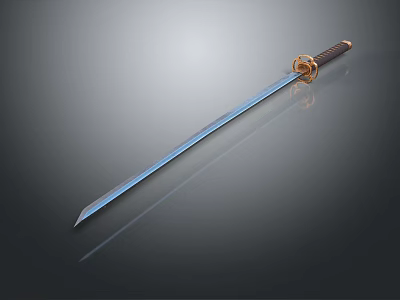 Samurai Character With Blue Blade Sword And Brown Handle Golden Decoration 3d model