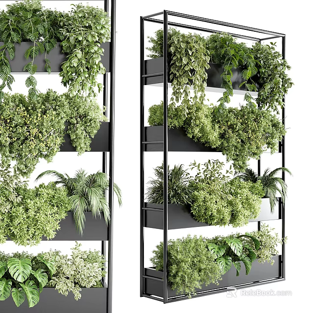 Lush Vertical Garden With Multi Tiered Black Shelves And Various Green Plants 3d model 