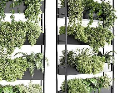 Lush Vertical Garden With Multi Tiered Black Shelves And Various Green Plants 3d model