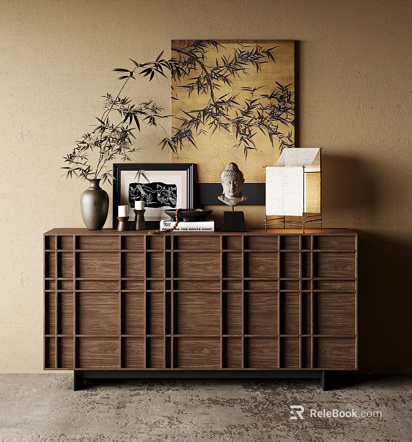 Wooden Entryway Cabinet Sideboard With Vase Framed Art Sculpture Lamp And Decorative Painting Backdrop 3d model 