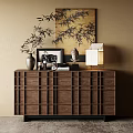 Wooden Entryway Cabinet Sideboard With Vase Framed Art Sculpture Lamp And Decorative Painting Backdrop
