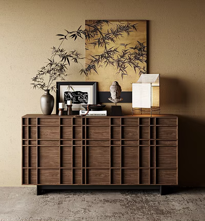 Wooden Entryway Cabinet Sideboard With Vase Framed Art Sculpture Lamp And Decorative Painting Backdrop 3d model
