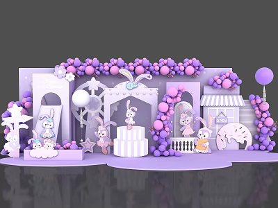 Purple Bunny Themed Photo Check In Spot With Cute Balloon Decorations 3d model