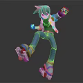 3D Human Character With Brown Hair White Vest And Blue Roller Skates Skating