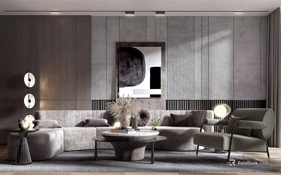 Elegant Modern Sofa Coffee Table Set With Decorative Pillows And Striped Wall Design 3d model