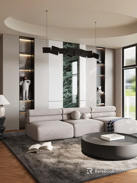 Modern Living Room With Light Gray Sofa Green Marble Wall Black Chandelier And Large Windows 3d model 