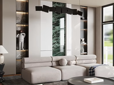 Modern Living Room With Light Gray Sofa Green Marble Wall Black Chandelier And Large Windows 3d model