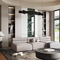 Modern Living Room With Light Gray Sofa Green Marble Wall Black Chandelier And Large Windows