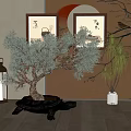Lush Pine Bonsai Tree in Black Turtle Shaped Pot with Traditional Paintings and Lantern Decorations