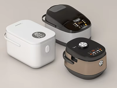 Modern Kitchen Appliances Featuring Rice Cookers With Three Different Styles And Colors 3d model