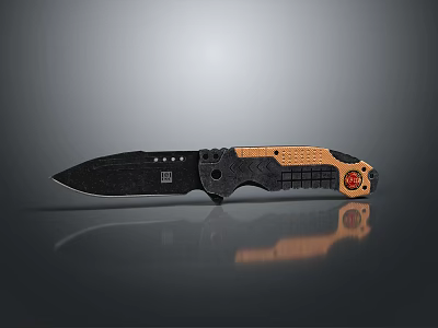 Tactical Folding Knife With Black Textured Blade And Orange Grid Grip Handle 3d model