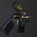 Futuristic Tactical Weapon With Black Canister Yellow Warning Symbol Bat Design And Metallic Grip