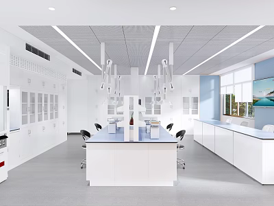Modern Laboratory Interior With Central Workbench Cabinets And Fume Hoods 3d model