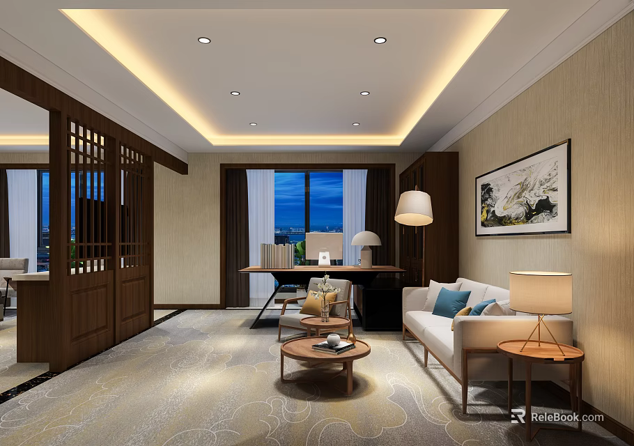 Modern Hotel Guest Room Interior Design With Sofa Coffee Table And Wall Painting 3d model 