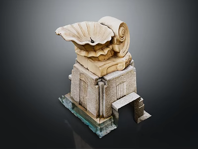 Ancient Ornate Stone Carving With Shell Shaped Top Scroll Design And Pedestal Base 3d model